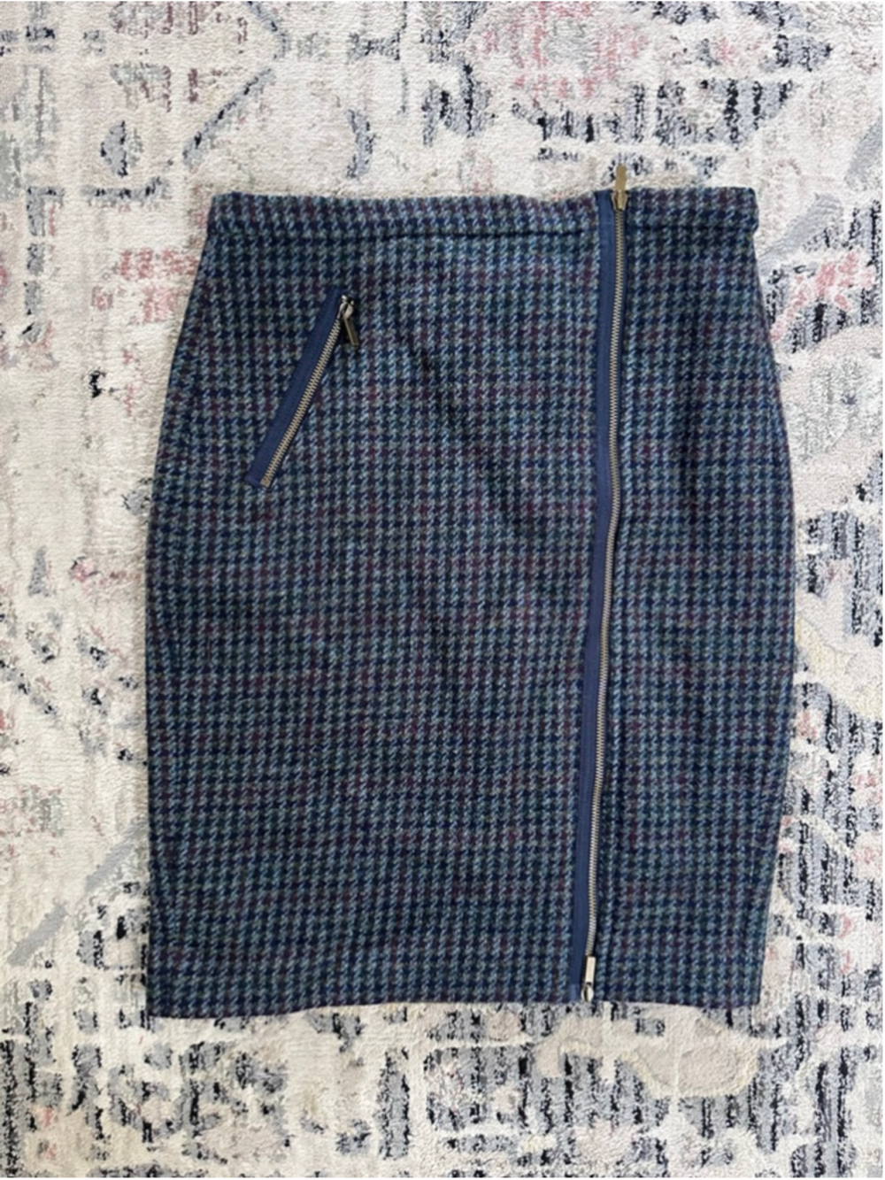 Women's J.CREW Blue Green Houndstooth Pencil Skirt Size 8